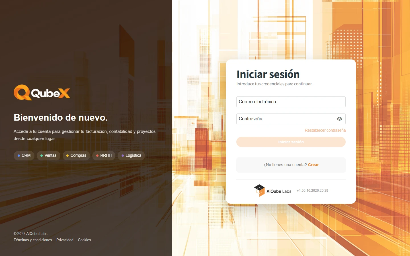 Pantalla de acceso a QUBEX: a la izquierda, el panel de bienvenida; a la derecha, el formulario para iniciar sesión con el correo electrónico y la contraseña