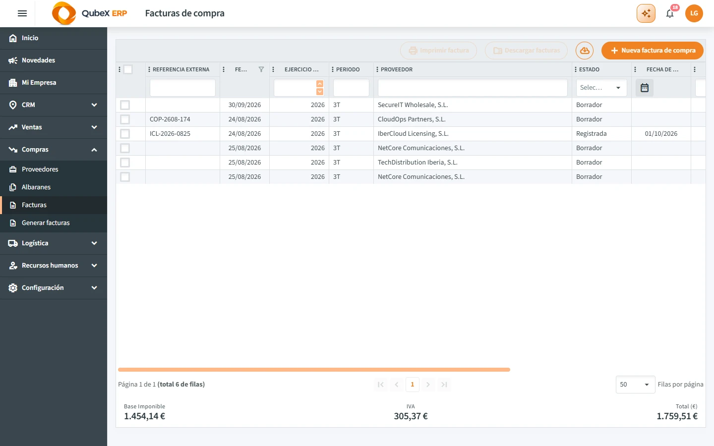Listado de facturas de compra con su referencia externa, fecha, proveedor y estado, y los totales al pie