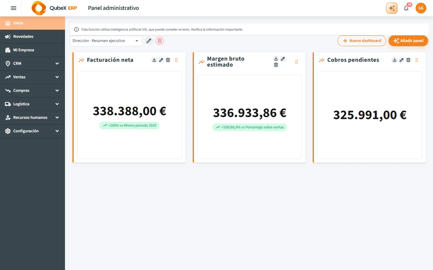 La pantalla de trabajo de QUBEX: arriba la cabecera, a la izquierda el menú lateral y en el centro la pantalla de Inicio