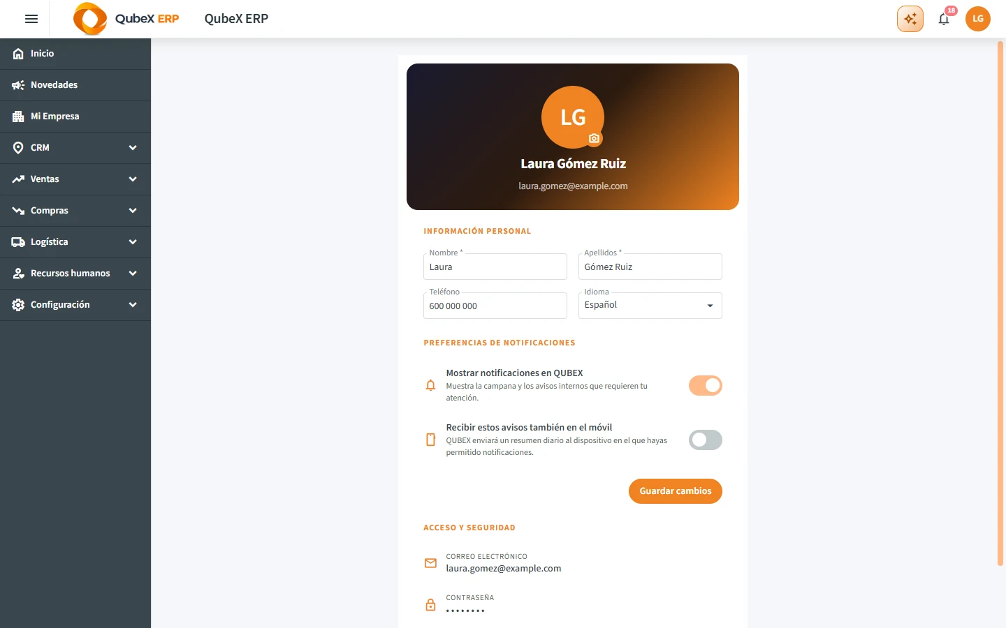 La ficha Tu perfil, con la información personal, las preferencias de notificaciones y el acceso y la seguridad